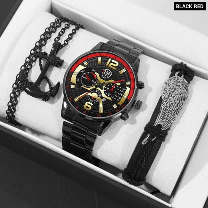 3pcs Luxury Fashion Mens Watches for Men Necklace Bracelet