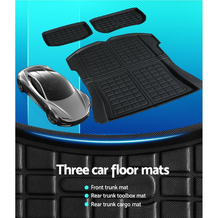 3pcs Car Rear Front Cargo Trunk Toolbox Luggage Rubber Mats