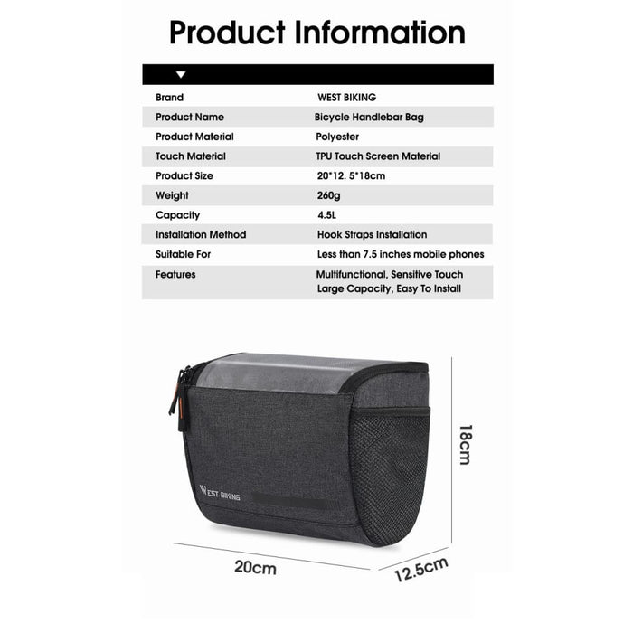 4.5l Handlebar Bicycle Bag With 7.5 Inch Touch Screen Phone
