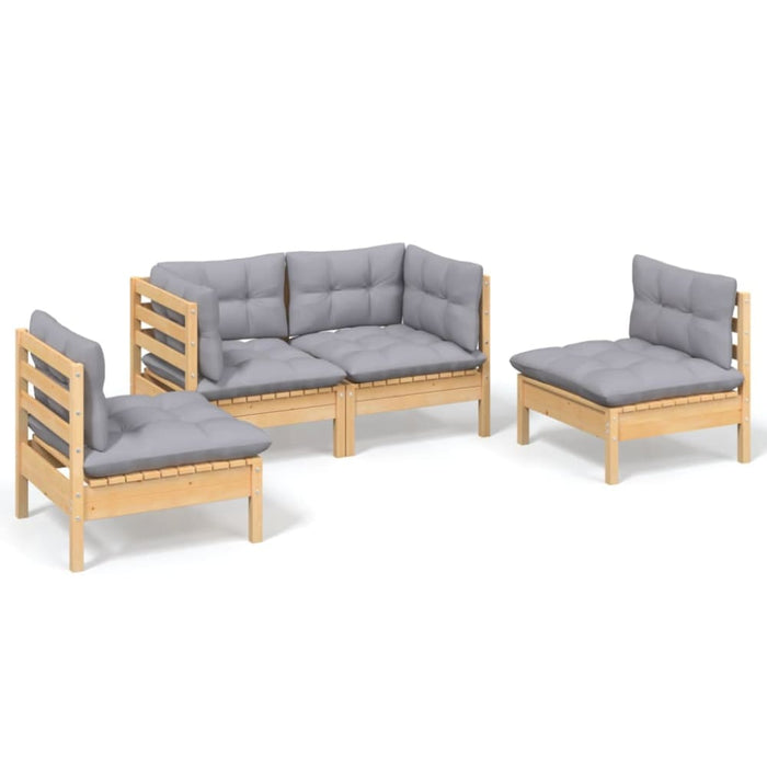 4 Piece Garden Lounge Set with Grey Cushions Solid Pinewood