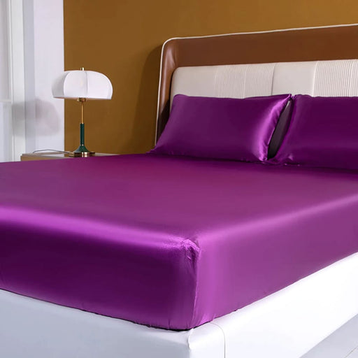4 Piece Luxury Purple Satin Fitted Sheet Set