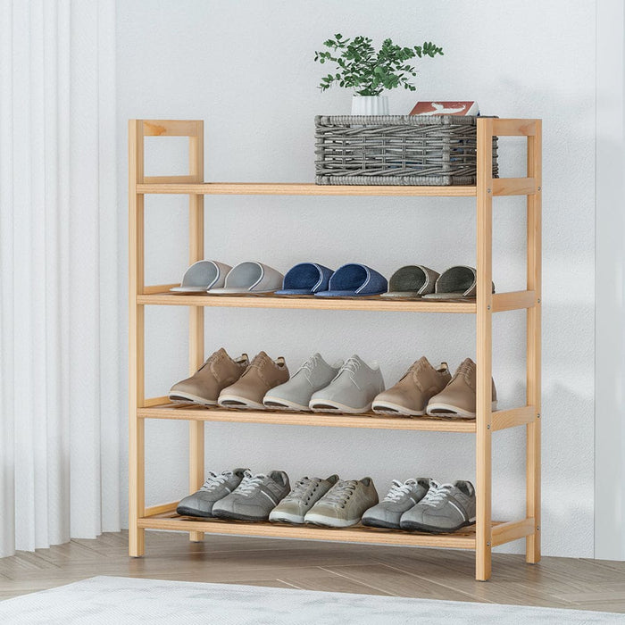 4 Tier Shoe Rack 12 Pairs Storage Weaved Shelves Solid Wood