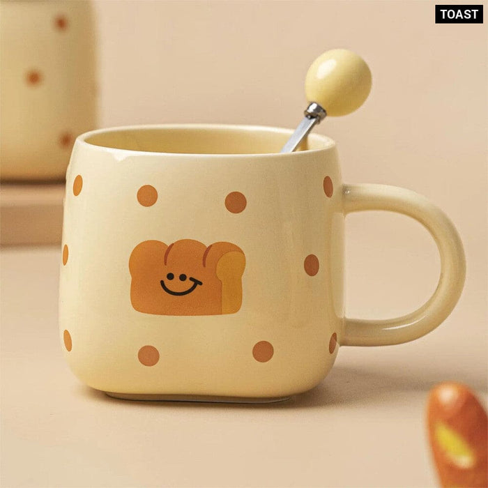 420ml Ceramic Coffee Cup with Bread Pattern Handle and Spoon