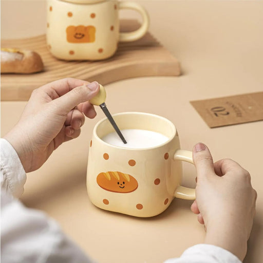 420ml Ceramic Coffee Cup With Bread Pattern Handle And Spoon