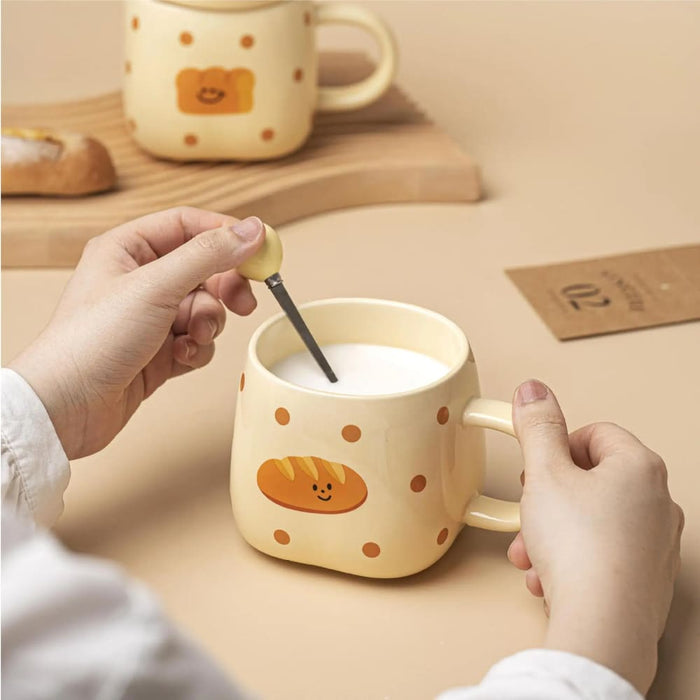 420ml Ceramic Coffee Cup with Bread Pattern Handle and Spoon