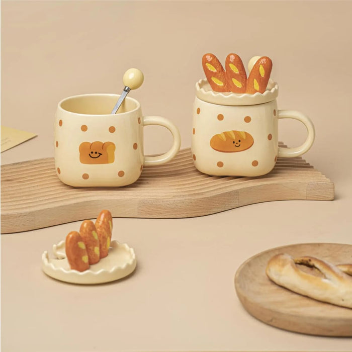 420ml Ceramic Coffee Cup with Bread Pattern Handle and Spoon
