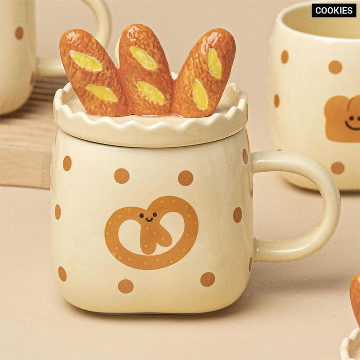 420ml Ceramic Coffee Cup with Bread Pattern Handle and Spoon
