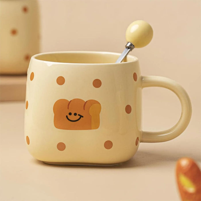 420ml Ceramic Coffee Cup with Bread Pattern Handle and Spoon