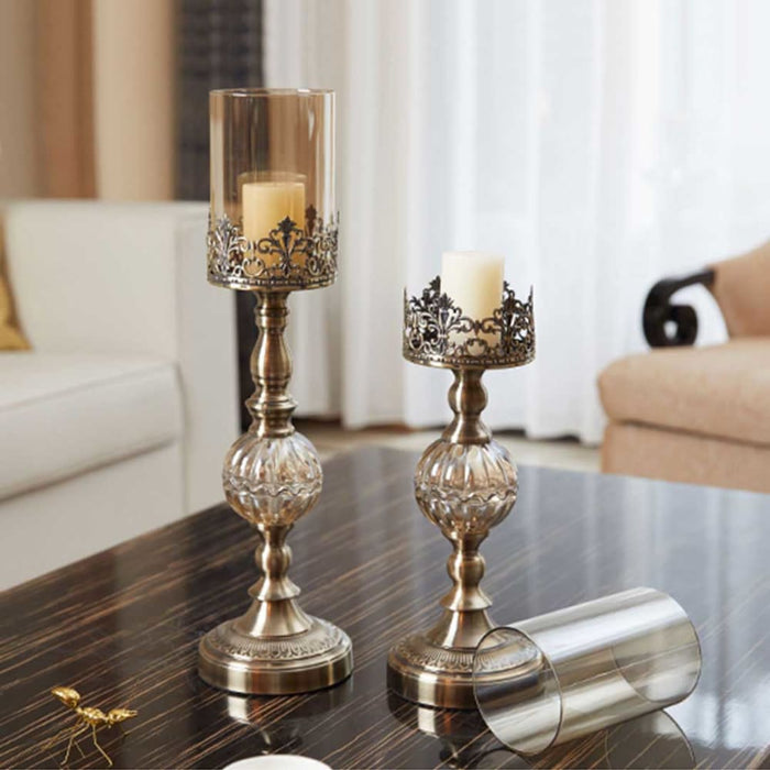2x 42cm Glass Candle Holder Stand Metal