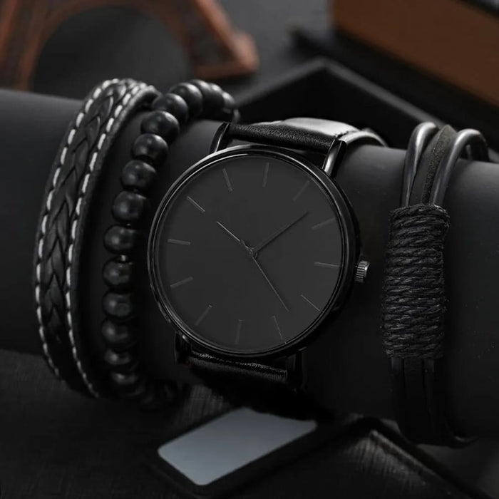4pcs Men Black Quartz Watches with Bracelets Watch Sets