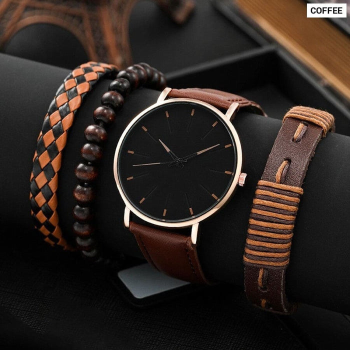 4pcs Men Black Quartz Watches with Bracelets Watch Sets