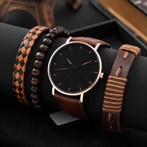 4pcs Men Black Quartz Watches with Bracelets Watch Sets