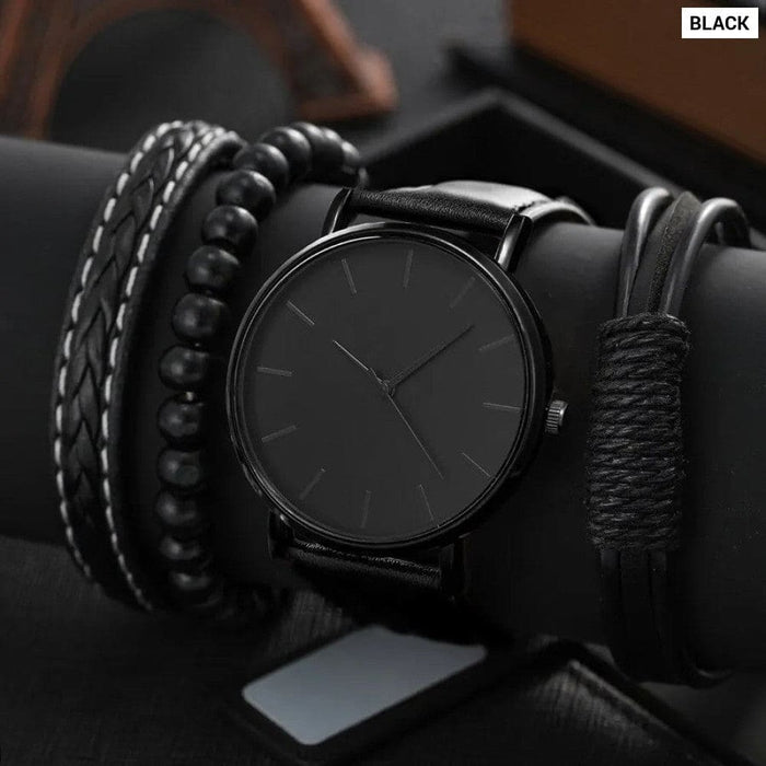 4pcs Men Black Quartz Watches with Bracelets Watch Sets