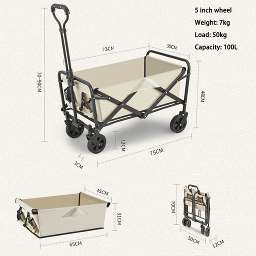 5 Inch Wheel Beige Folding Beach Wagon Cart Trolley Garden