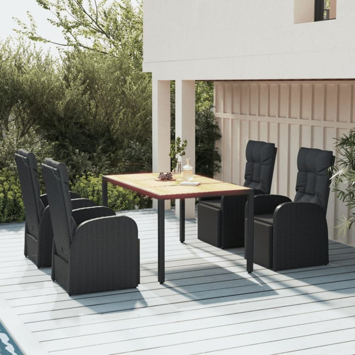 5 Piece Garden Dining Set Black Poly Rattan&solid Wood