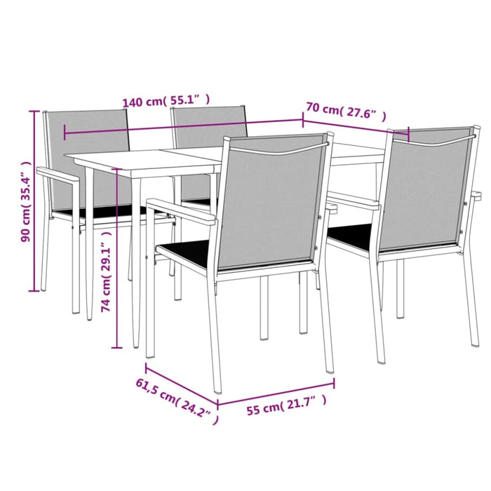 5 Piece Garden Dining Set Black Textilene And Steel Tonibtp