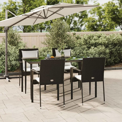 5 Piece Garden Dining Set With Cushions Black Poly Rattan