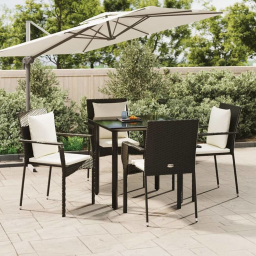 5 Piece Garden Dining Set With Cushions Black Poly Rattan
