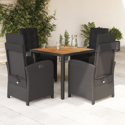 5 Piece Garden Dining Set With Cushions Black Poly Rattan