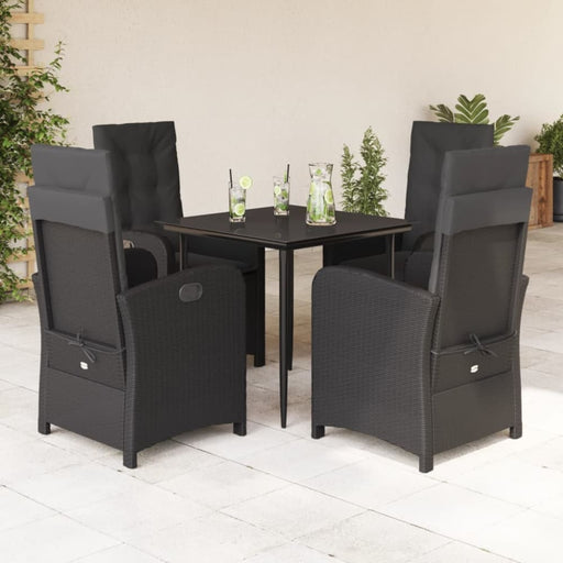 5 Piece Garden Dining Set With Cushions Black Poly Rattan