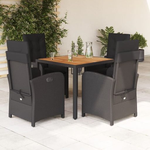 5 Piece Garden Dining Set With Cushions Black Poly Rattan