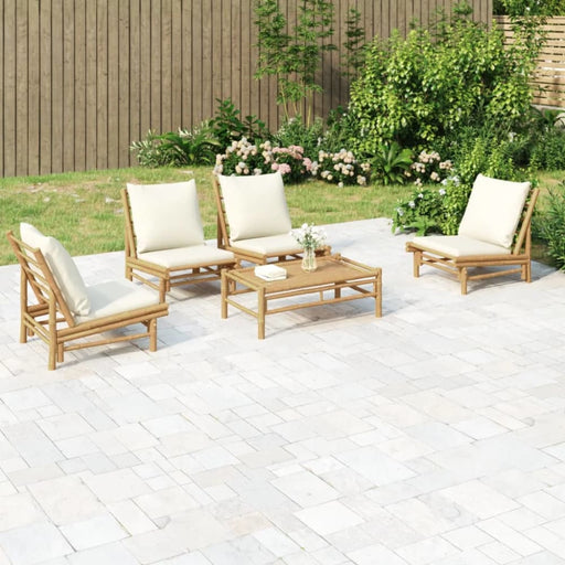 5 Piece Garden Lounge Set With Cream White Cushions Bamboo