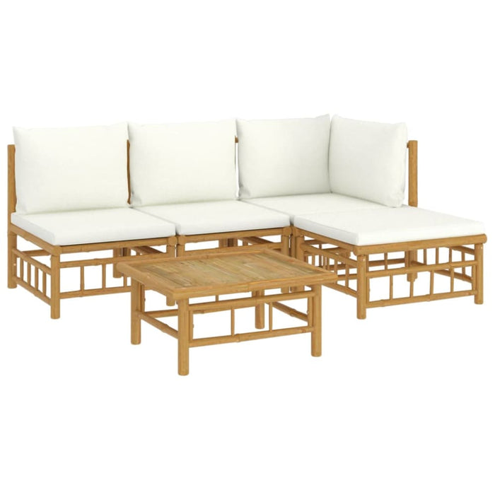 5 Piece Garden Lounge Set with Cream White Cushions Bamboo