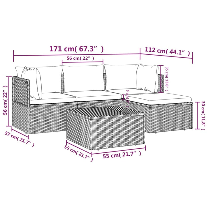 5 Piece Garden Lounge Set with Cushions Grey Poly Rattan