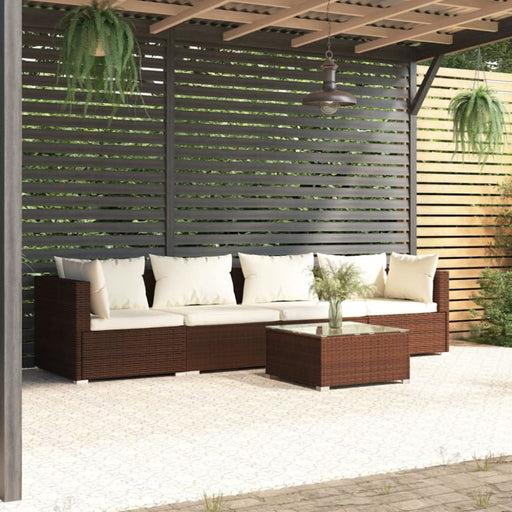 5 Piece Garden Lounge Set with Cushions Poly Rattan Brown