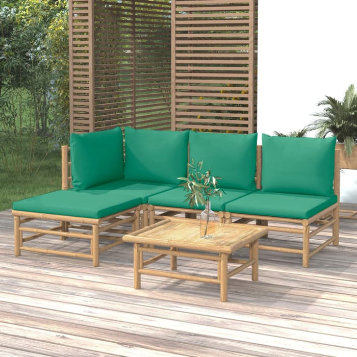 5 Piece Garden Lounge Set with Green Cushions Bamboo Toppoap