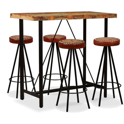Bar Set 5 Pieces Solid Wood Reclaimed. Genuine Leather &