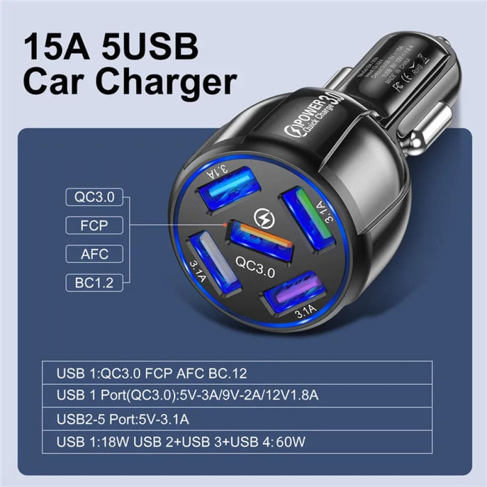 5 Port Fast Car Charger for Xiaomi Redmi Note 10 Pro