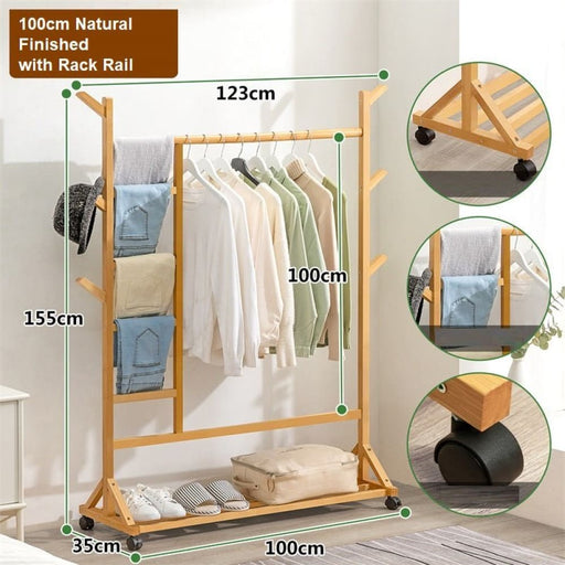 6 Hook Rack Rail Natural Finished Portable Coat Stand