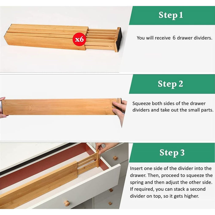 6 Pack Bamboo Adjustable Kitchen Drawer Dividers Large 44