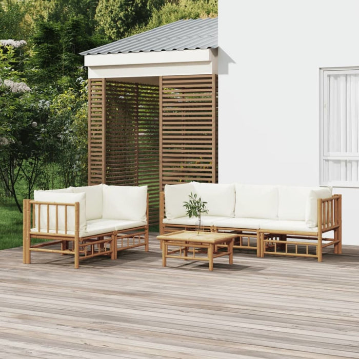 6 Piece Garden Lounge Set with Cream White Cushions Bamboo