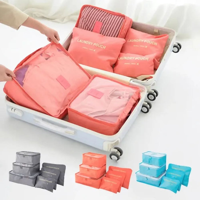 6 Piece Pink Blue Grey Travel Storage Bags Waterproof Large