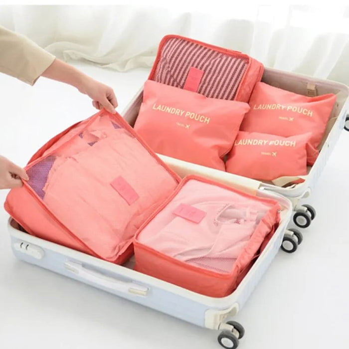 6 Piece Pink Blue Grey Travel Storage Bags Waterproof Large