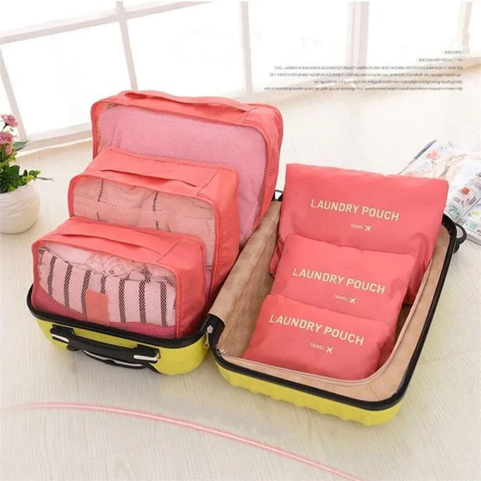 6 Piece Pink Blue Grey Travel Storage Bags Waterproof Large