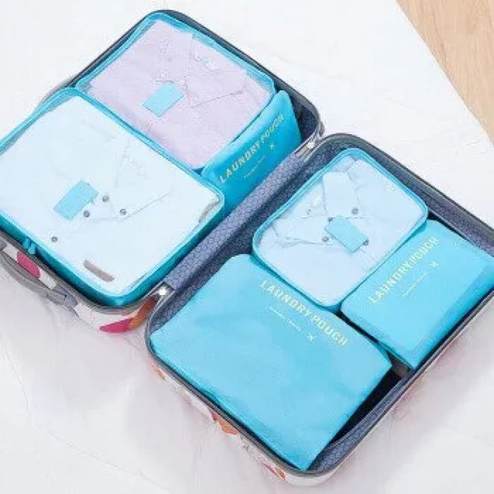 6 Piece Pink Blue Grey Travel Storage Bags Waterproof Large