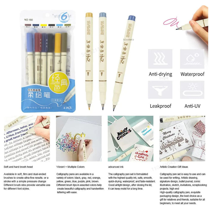 6 Piece Retro Colour Lettering Art Marker Set Soft Brush