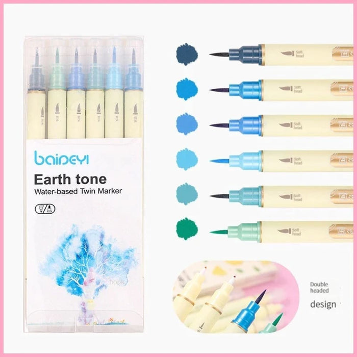 6 Piece Retro Double Tip Marker Pens Watercolour
