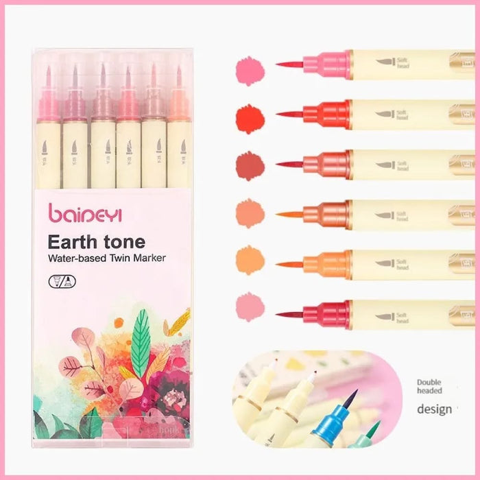 6 Piece Retro Double Tip Marker Pens Watercolour