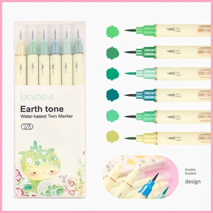 6 Piece Retro Double Tip Marker Pens Watercolour
