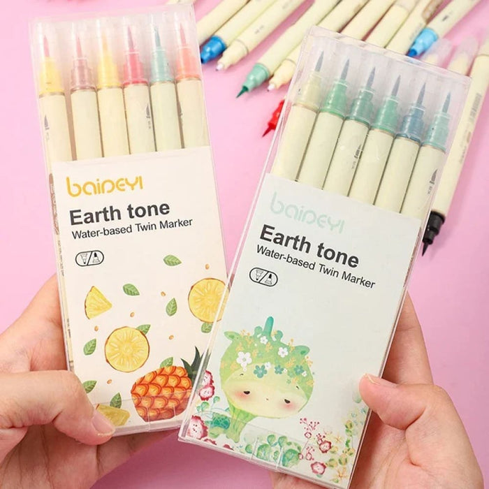 6 Piece Retro Double Tip Marker Pens Watercolour