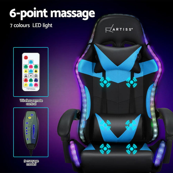 6 Point Massage Gaming Office Chair 7 Led Footrest Cyan Blue