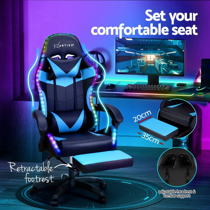 6 Point Massage Gaming Office Chair 7 Led Footrest Cyan Blue