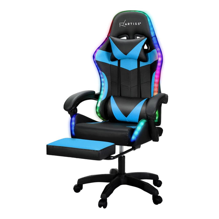 6 Point Massage Gaming Office Chair 7 Led Footrest Cyan Blue
