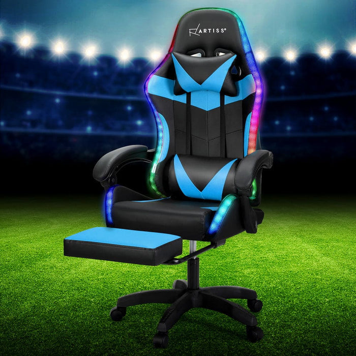 6 Point Massage Gaming Office Chair 7 Led Footrest Cyan Blue