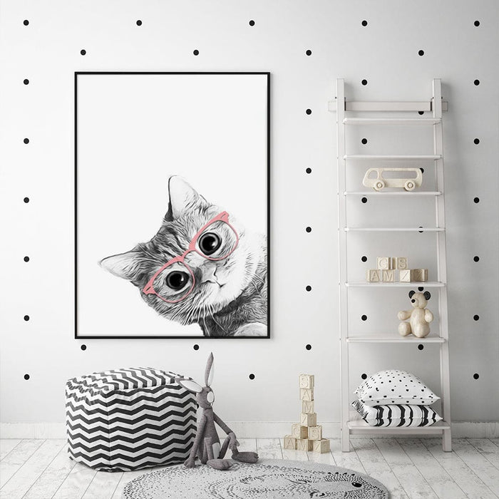 60cmx90cm Cat with Glasses Black Frame Canvas Wall Art