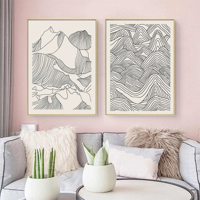 60cmx90cm Line Art Mountain 2 Sets Gold Frame Canvas Wall